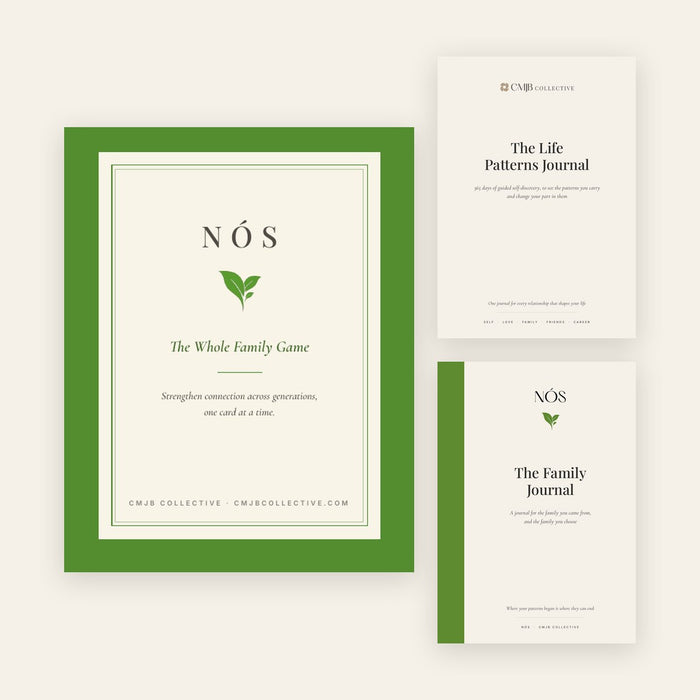 The Life Patterns Journal, The Family Journal and the NÓS Whole Family Game card box, shown together