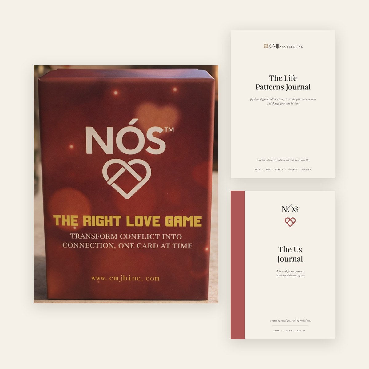 The Life Patterns Journal, The Us Journal and the NÓS Right Love Game card box, shown together
