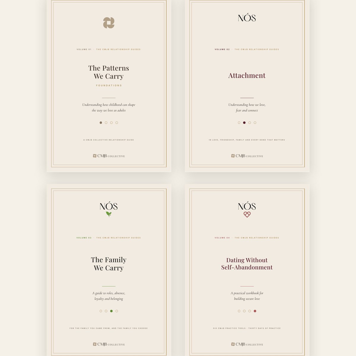 The four covers of the CMJB Relationship Guides, Volumes 01 to 04