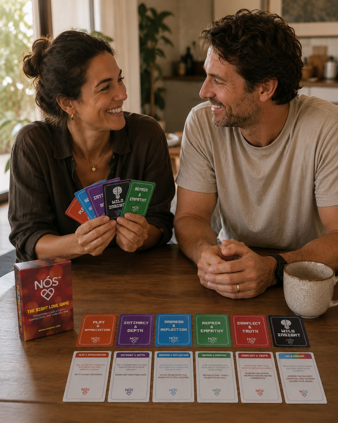A couple using NÓS conversation cards at a table