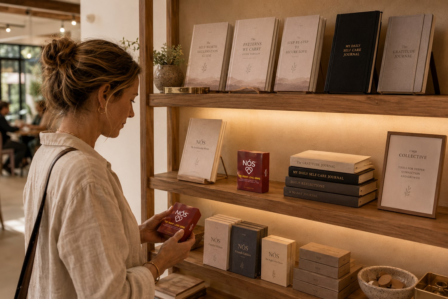 CMJB relationship tools displayed on a warm wooden shelf
