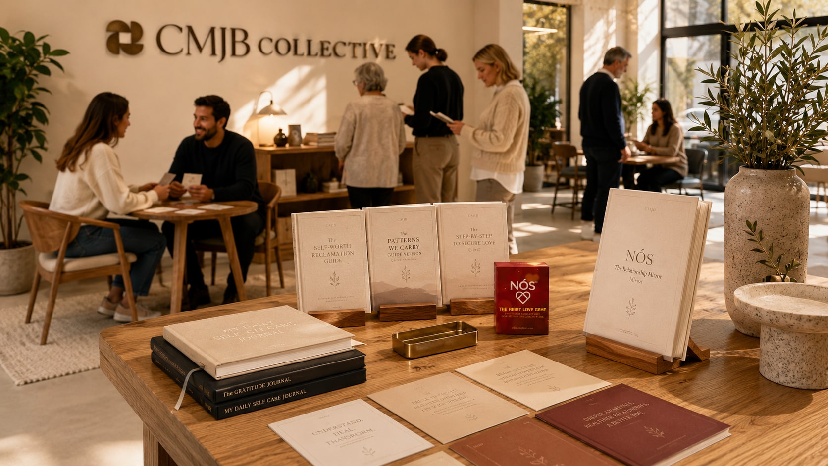 CMJB Collective store with relationship tools displayed and people using NÓS in the background
