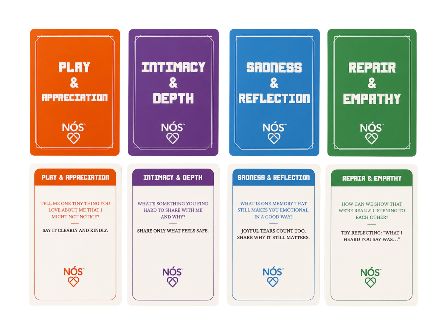NÓS category cards and prompt cards from The Right Love Game